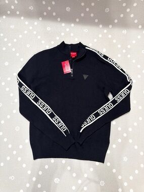 GUESS Men’s Black Zip-Up Sweater with Branded Sleeve Stripes